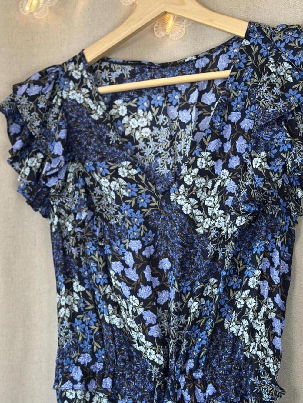 Rebecca Taylor Ava Floral Ruffle Dress Blue Silk | Size 4 Summer Festival - Picture 8 of 8